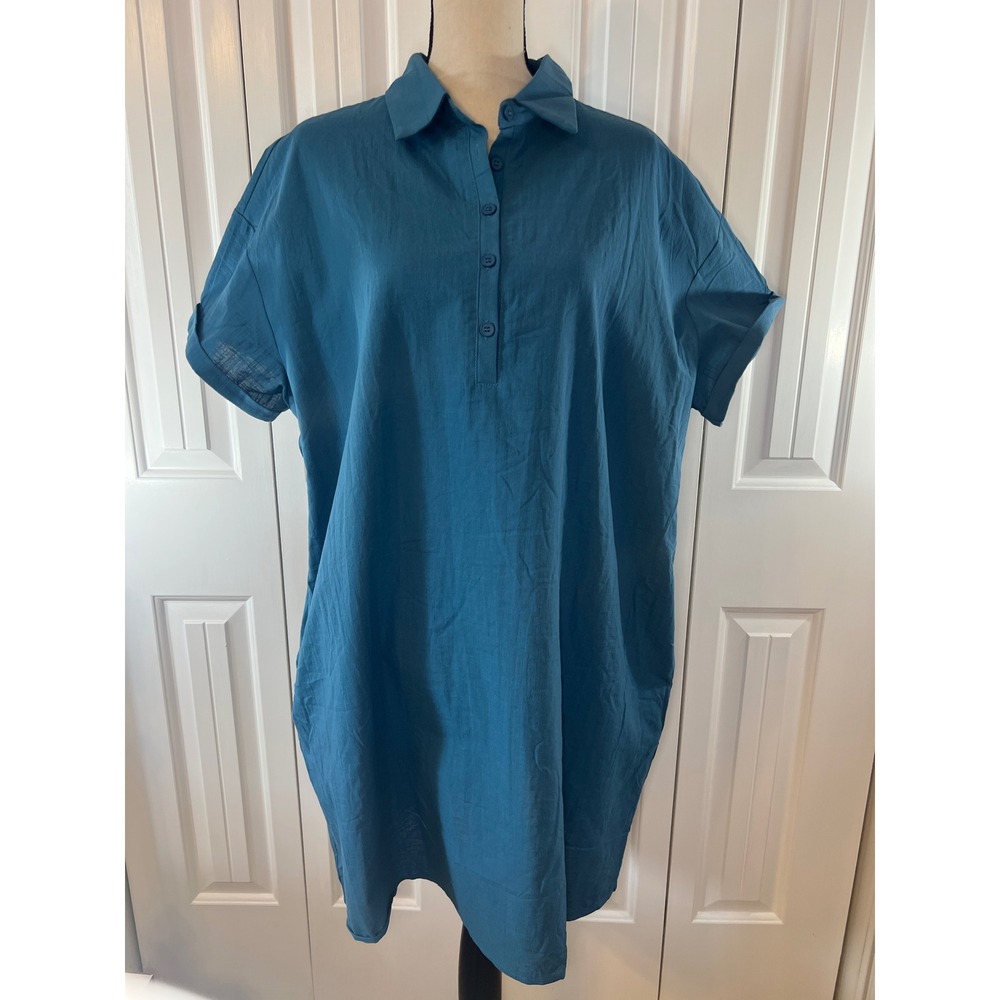 Zeagoo Womens 2XL Teal Blue Cotton Short Sleeve Button Up Shirt Dress NWT